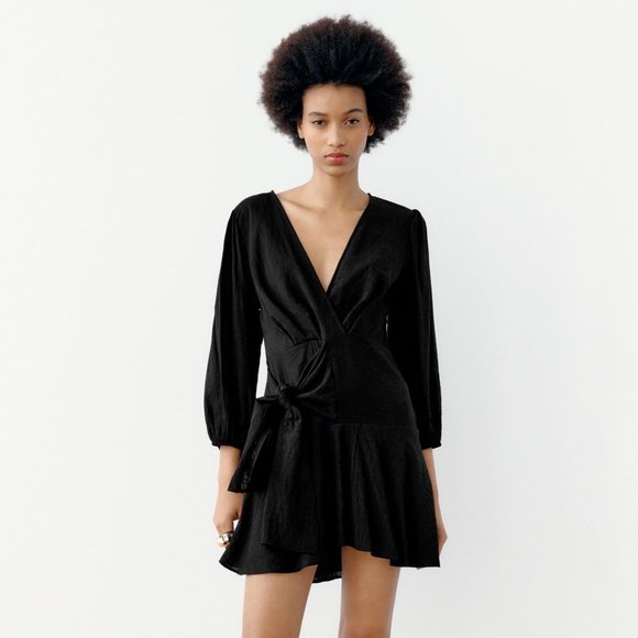 Zara Black Crossover Bow Tie Side Long Sleeve Dress - Picture 6 of 6